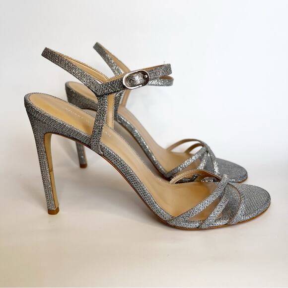 Stuart Weitzman glitter Silver Strappy Heels size 11 Starla 105 Sparkle Sandal - Picture 2 of 5